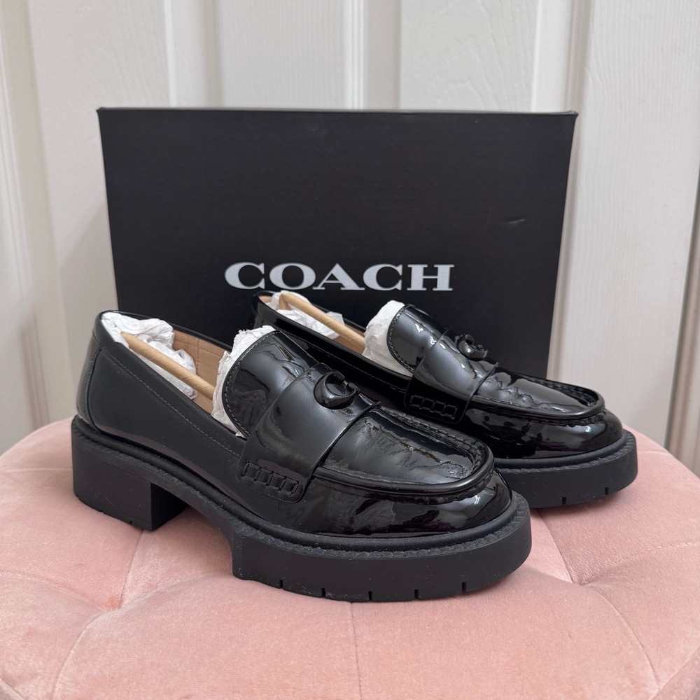 Coach Leah Patent Leather Black Chunky Loafers Size 6
